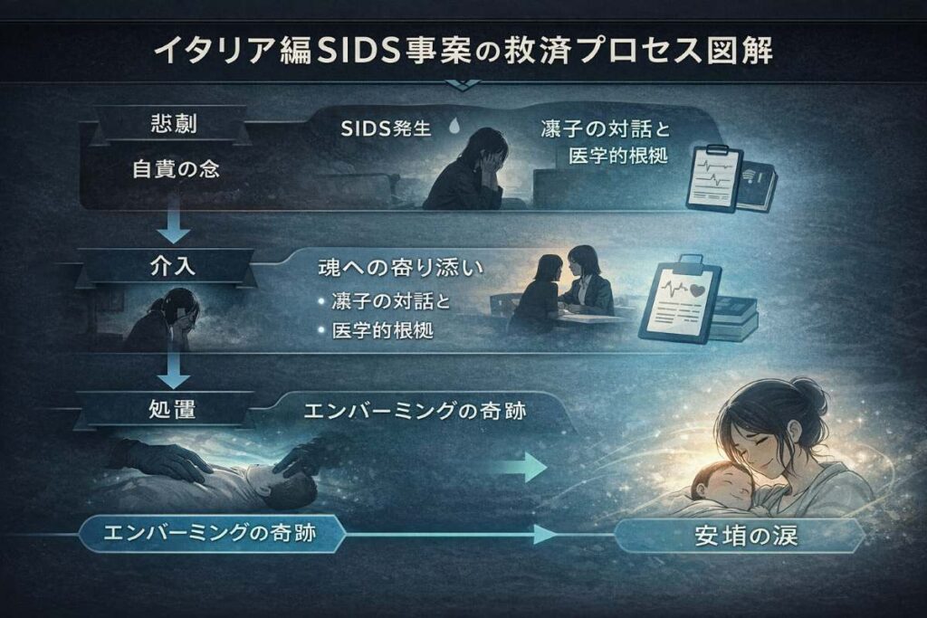 映画『エンジェルフライト THE MOVIE』イタリア編のSIDS事案における救済プロセスを図解。母親の自責の念から、凛子の寄り添い、エンバーミングによる変化、そして母親の安堵までの感情と事実の変遷をフローチャートで表現。SIDSという重いテーマに対する救いを可視化。