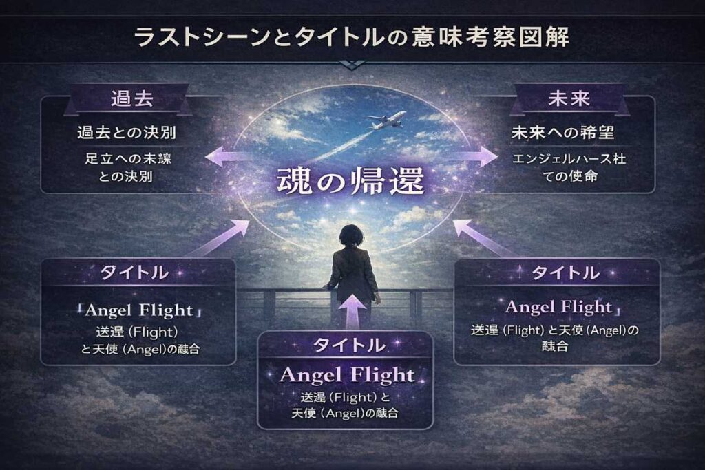 映画『エンジェルフライト THE MOVIE』のラストシーンとタイトルの意味を考察する図解。那美の決断（過去との決別、未来への意志）、空へ還る魂の演出、そして「エンジェルフライト」というタイトルに込められた二重の意味（送還と昇華）を構造的に整理した概念図。