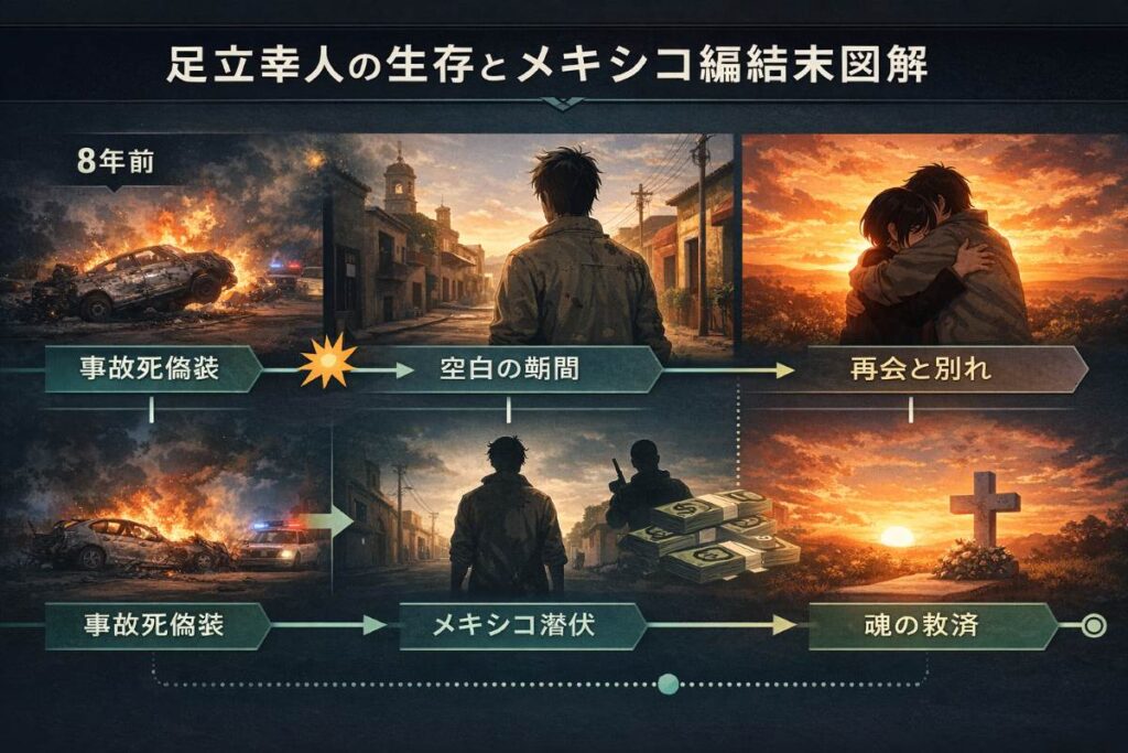 映画『エンジェルフライト THE MOVIE』のメキシコ編における足立幸人の生存と結末を図解。8年前の事故死偽装からカルテルとの関わり、そして那美との再会と別れまでの流れを時系列で整理。生存していた事実と、その後の悲劇的な結末が一目でわかるタイムライン図。