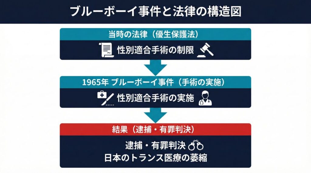 1965年のブルーボーイ事件と当時の優生保護法の関係を示す相関図。法律の壁と和田医師の逮捕、そして日本のトランスジェンダー医療への影響を構造的に解説した図解です。