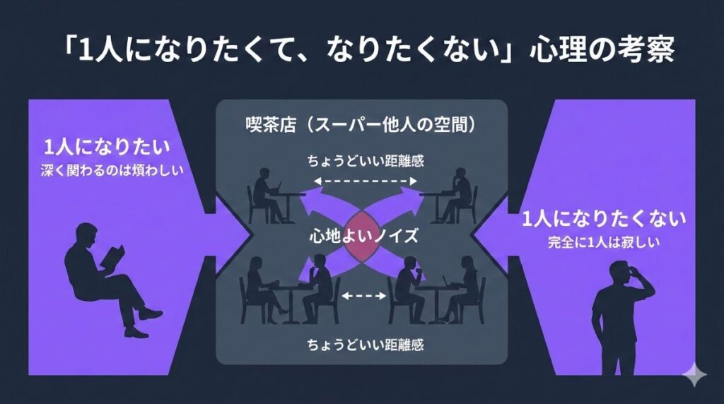 映画『結局、珈琲。』のテーマである「1人になりたくて、なりたくない」という現代人の心理と喫茶店という空間の相関を図解した図解