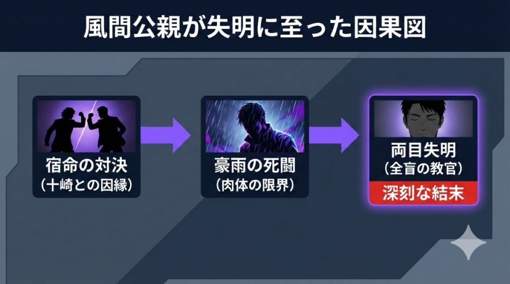 風間公親が左目の視力を失うに至った要因を分析した因果図。過去の「十崎との因縁」から始まり、今作の「豪雨の死闘」による肉体的負荷が重なり、最終的に「全盲」へと至る不可避な流れを構造的に解説したイメージ