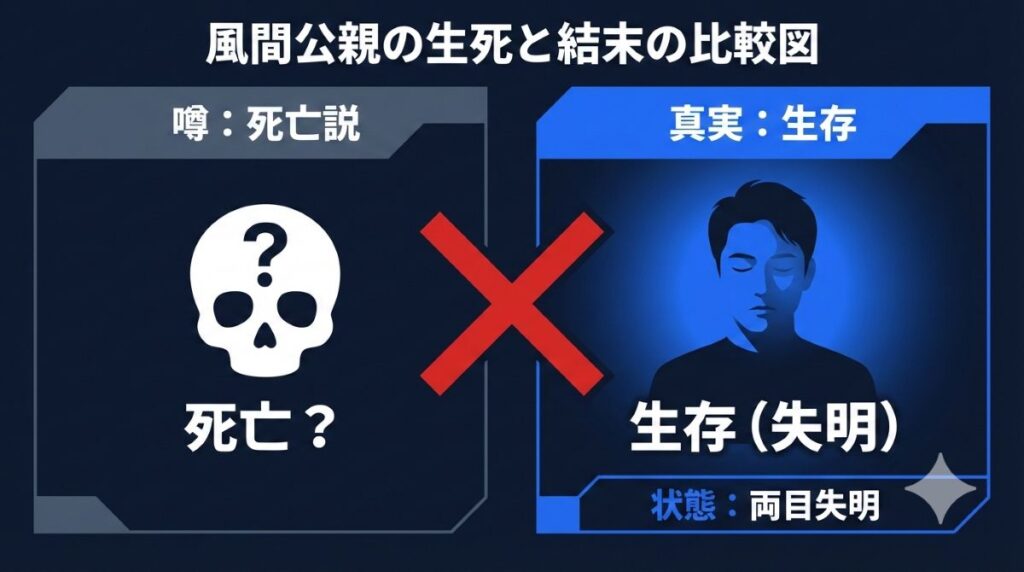 映画『教場 レクイエム』における風間公親の生死を解説する比較図。ネット上の「死亡説」という噂を否定し、実際には「生存」しているものの「両目失明」という過酷な代償を払った結末を、左右の対比で分かりやすく整理したイメージ