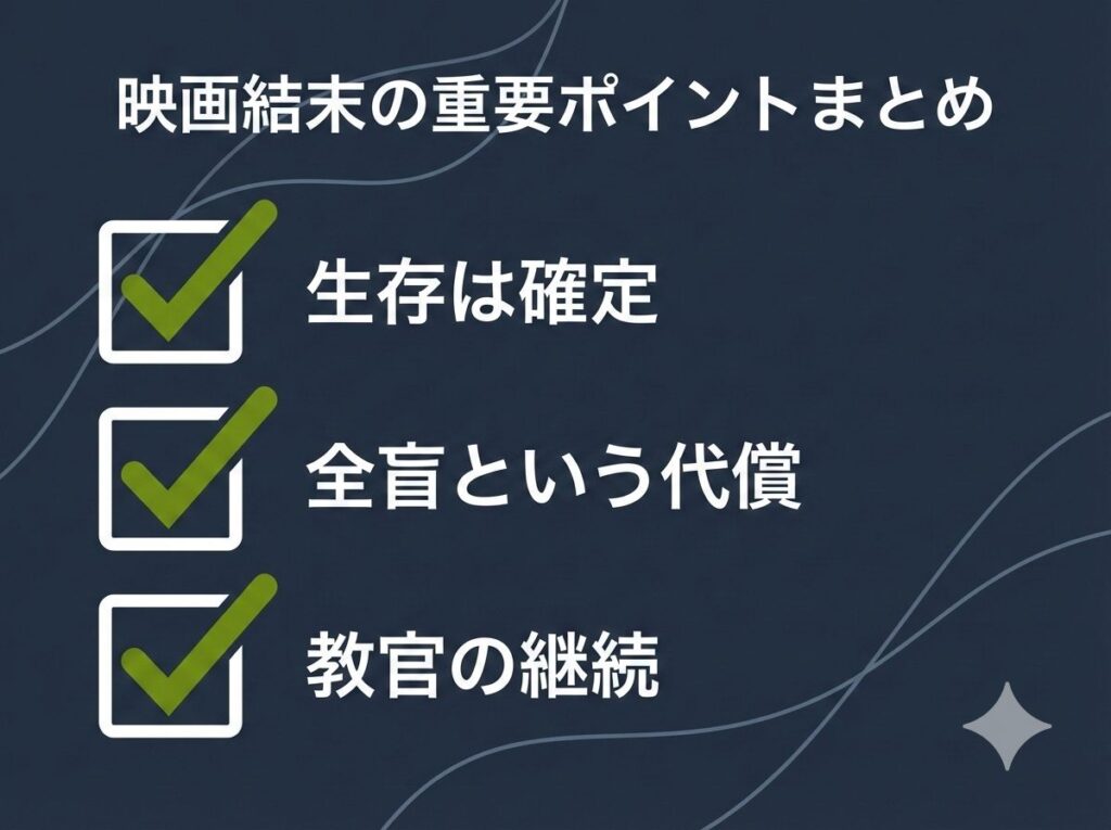 映画『教場 レクイエム』のラストシーンと結末の要点をまとめたチェックリスト。生存の事実、失明という代償、そして教官としての新たな境地という3つの重要ポイントを、読者が最後に振り返るためのまとめ図解イメージ