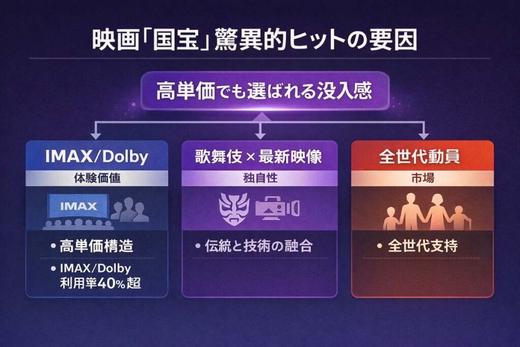映画『国宝』のヒット要因を分析した図解。IMAX等の高単価な劇場体験が選ばれている理由や、歌舞伎と映像技術の融合による没入感の向上、全世代への波及効果が3つの柱で整理されています。