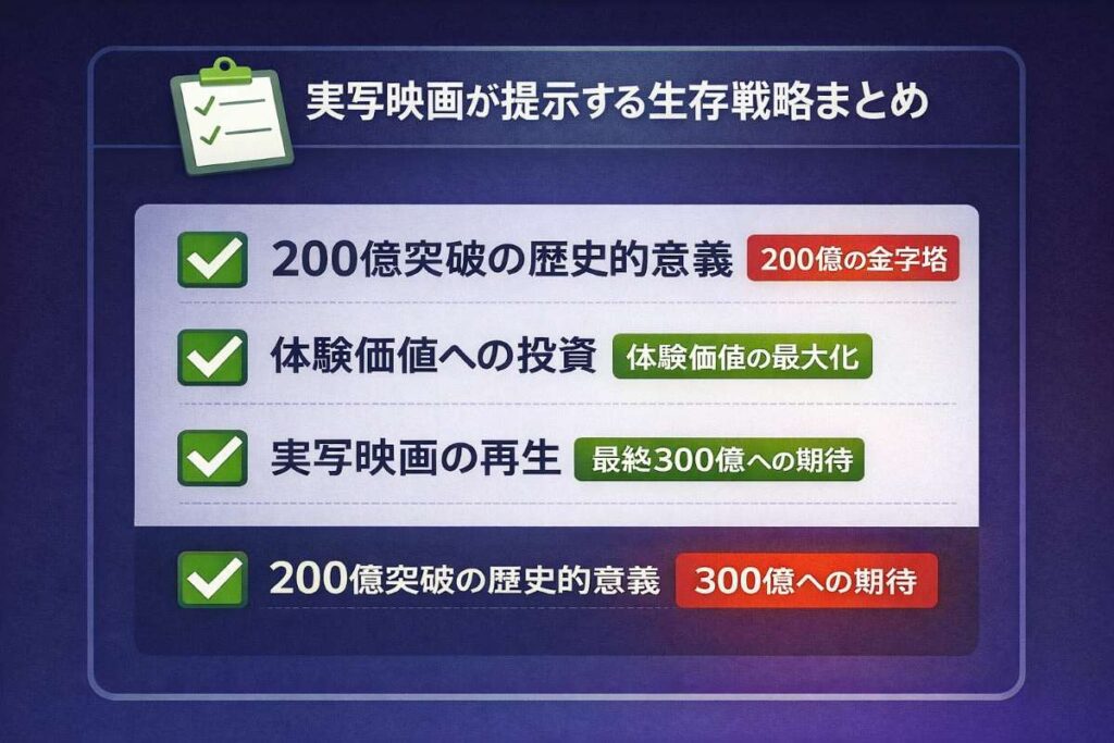 映画『国宝』が興収200億円を突破し、日本実写映画の歴代記録を22年ぶりに塗り替えたことを示す比較図。旧記録の173.5億円を大きく超えた歴史的転換点が視覚的に理解できるグラフです。