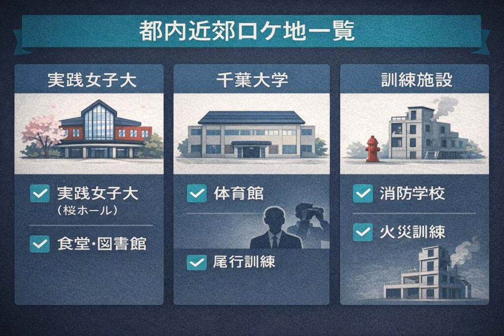 東京都内および周辺のサブロケ地をまとめた情報図。実践女子大学の食堂や、訓練シーンで使用された専門施設の情報を一覧できます。