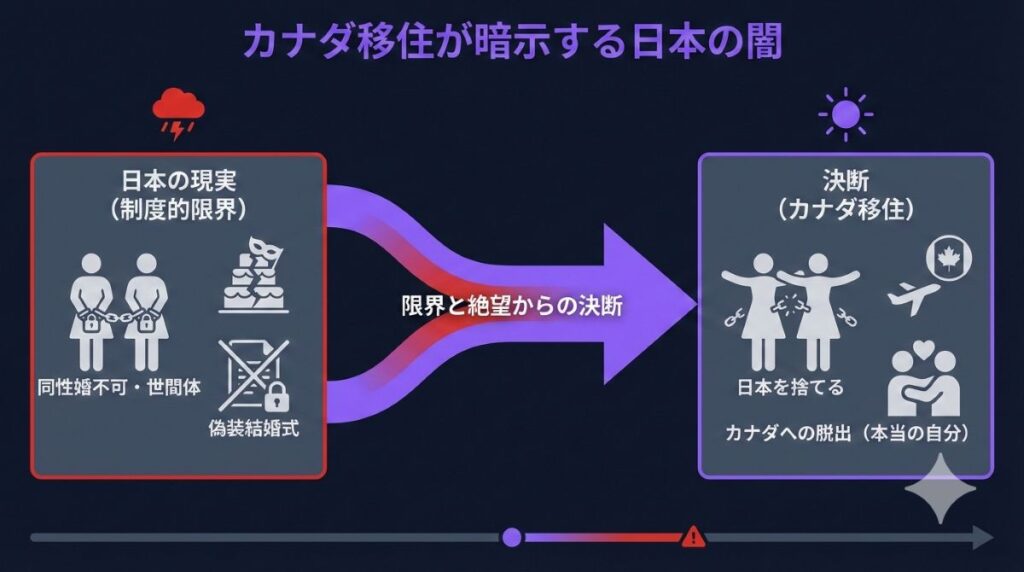 レズビアンカップルが直面する「日本の制度的限界」から「カナダ移住」という決断に至る因果関係の図解