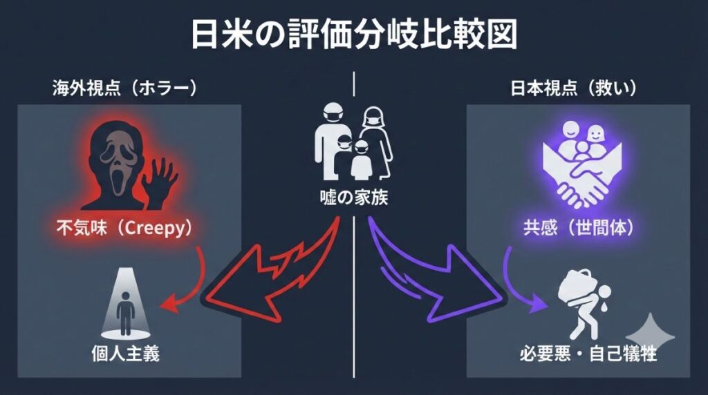 映画『レンタル・ファミリー』に対する海外の「不気味」という評価と日本の「共感」という評価の分岐を示す比較図