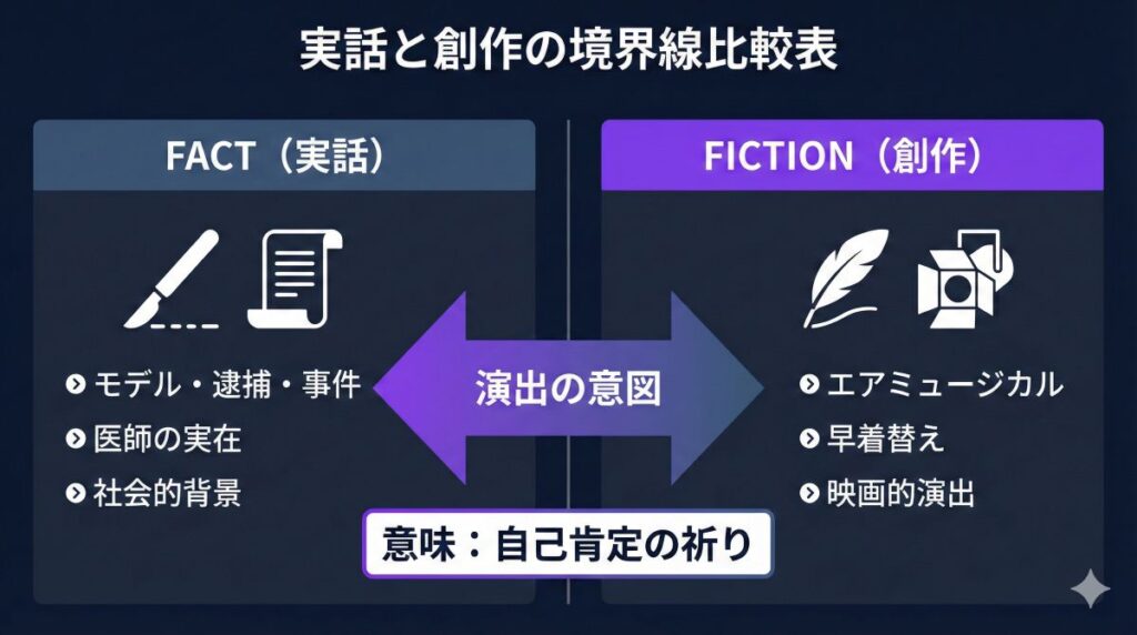 映画『This is I』における実話と創作の境界線図。実在の医師や事件という事実と、エアミュージカルという映画独自の演出を比較し、その制作意図を整理したマトリックスです。