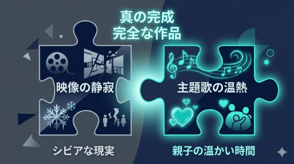 映画『90メートル』における主題歌『0.2mm』の役割を図解。劇伴のない静寂とシビアな現実の映像に対し、エンディングの主題歌が「親子の温かい時間」を補完し、作品を完成させる構造を解説。