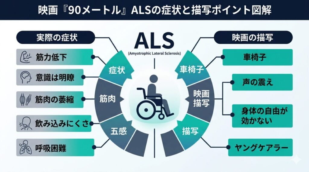 映画『90メートル』で描かれる難病ALS（筋萎縮性側索硬化症）の主な症状と作品内の描写ポイントを整理した図解イメージ