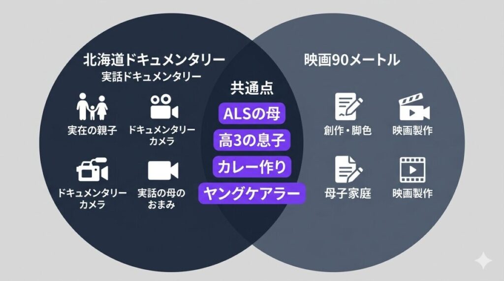 映画『90メートル』と北海道の実話ドキュメンタリー番組におけるヤングケアラー設定の共通点（ALSの母、高3の息子、カレー作り等）の比較図解イメージ