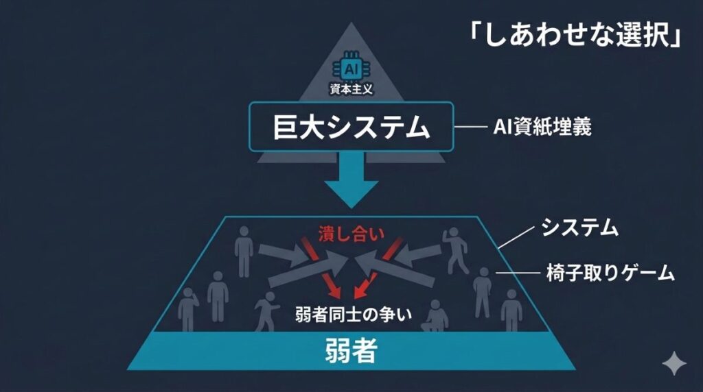 しあわせな選択がパラサイトの再来と呼ばれる理由である資本主義システム下での弱者同士の潰し合いとAIによる代替構造を図解