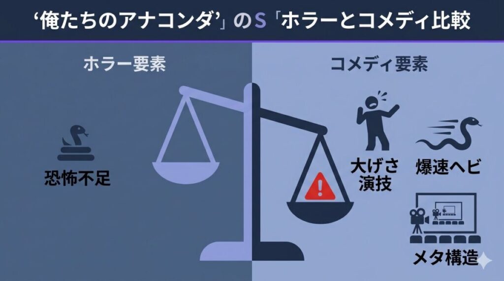 映画『俺たちのアナコンダ』の評価がホラーではなくコメディに偏る理由。意図的な駄作リメイク、大げさな演技、物理法則無視の演出によるジャンルのチグハグさを比較図解。