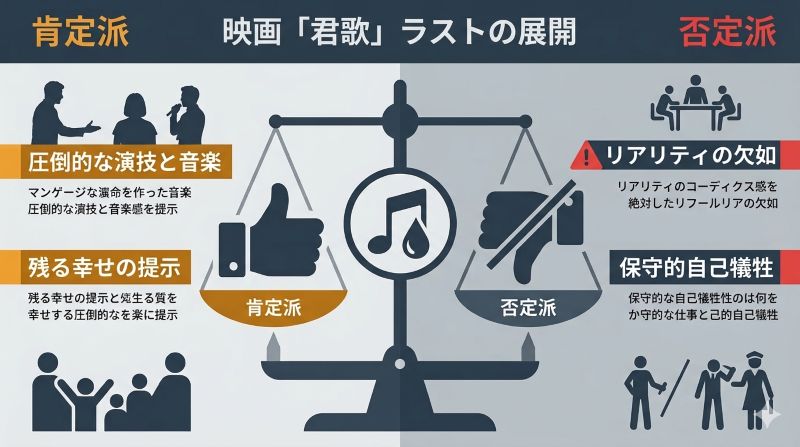 映画のラスト展開に対する肯定派（演技力・音楽・残る幸せ）と否定派（リアリティ欠る・自己犠牲のベタさ）の意見を対比した評価チャート図解