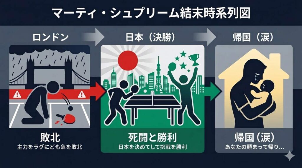 映画マーティ・シュプリームの結末までの時系列展開。ロンドンでの敗北から日本でのリベンジマッチ、そして帰国後の赤ん坊を抱く涙のラストまでの流れが分かる図解