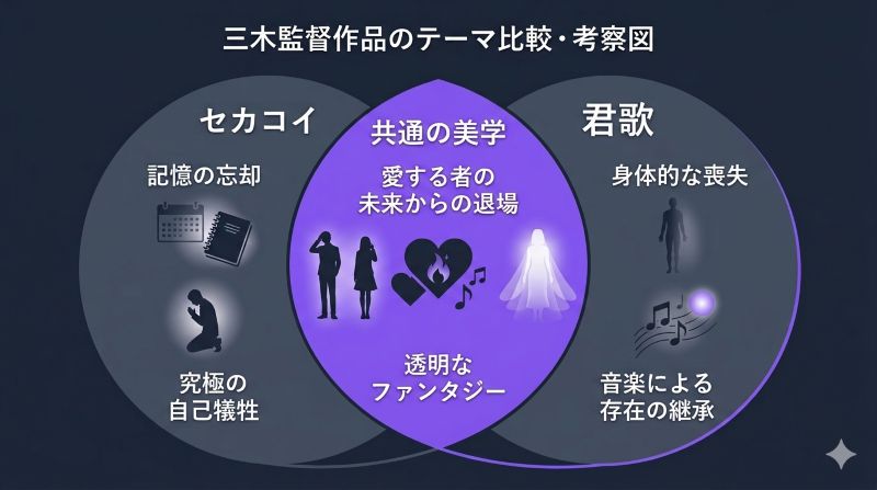 三木孝浩監督作品のテーマ比較図。『セカコイ』の「忘却への抗い」と本作の「喪失と存在の継承」の共通点と違いを分析した考察図解