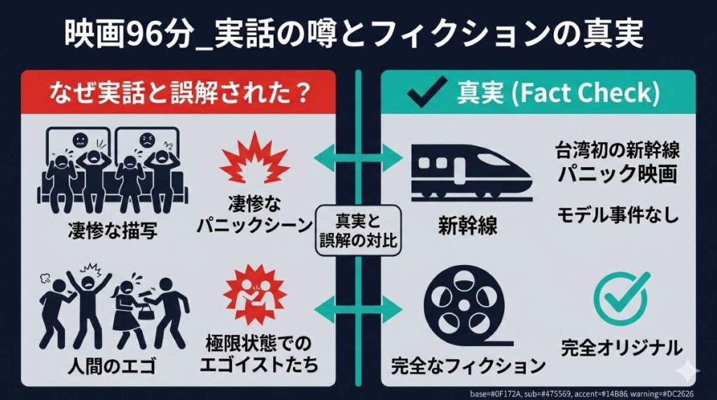 映画『96分』が「実話ベース」と誤解される理由を解説。凄惨な描写や人間のエゴのリアルさが誤解を生む要因であることと、実際は完全なフィクション（台湾オリジナル）である事実を比較。