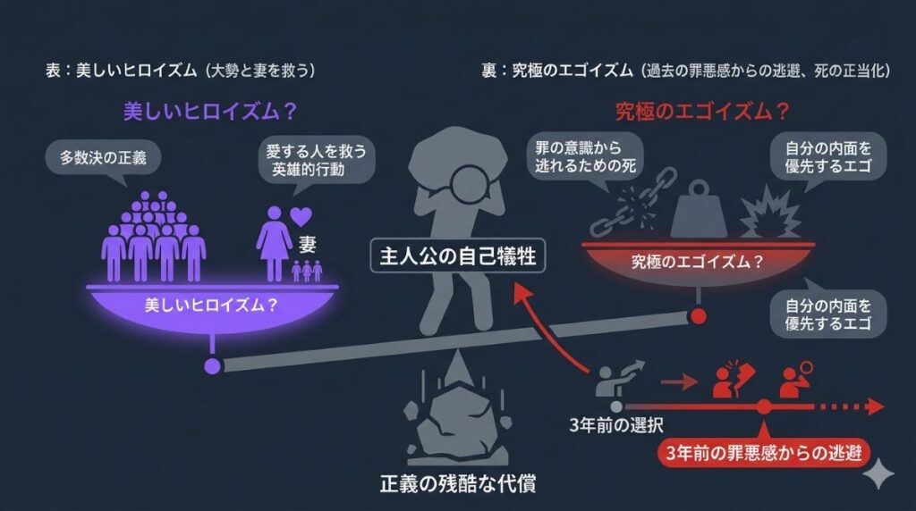 映画『96分』の結末における主人公の自己犠牲と、それが孕む「ヒロイズム」と「エゴイズム」の二面性、正義の代償を図解。3年前の選択による罪悪感が彼を死に突き動かした構造を示す。