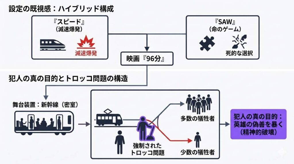 映画『96分』の犯人の動機が『スピード』と『SAW』の設定を組み合わせたものであること、そして「新幹線」という密室がトロッコ問題を強制する舞台装置として機能していることを示す構造図。