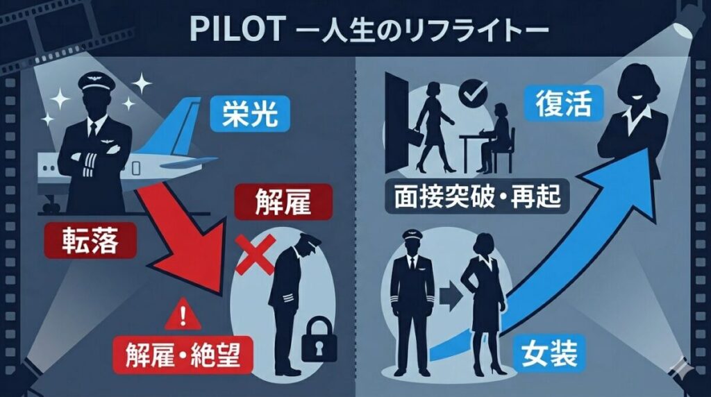 人気パイロットから解雇され女装して再就職するまでの転落と復活のビフォーアフター図解