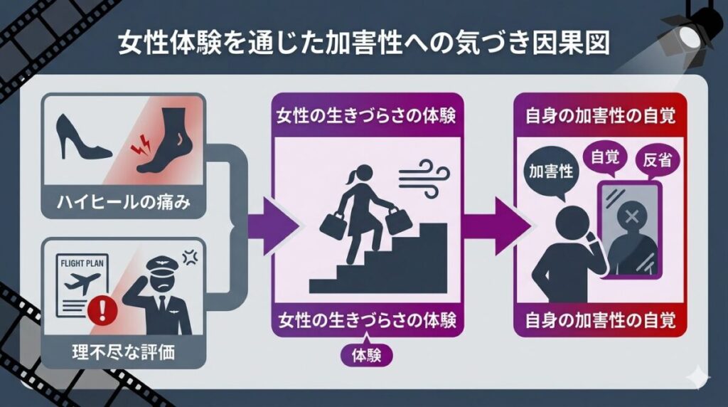 女性パイロットとしての苦労を通じて自身の無自覚な加害性に気づく心理的変化の因果関係図解