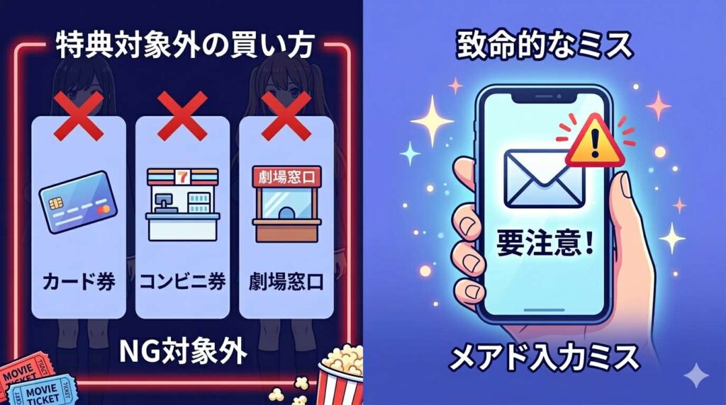 特典の対象外となるムビチケカード券、コンビニ券、劇場窓口での購入と、メールアドレス入力ミスの危険性を警告するNG行動リスト