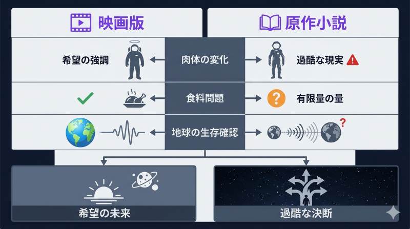 プロジェクト・ヘイル・メアリーの映画版と原作小説におけるグレースの肉体的変化や地球生存確認方法の違いを比較したマトリクス図解イメージ