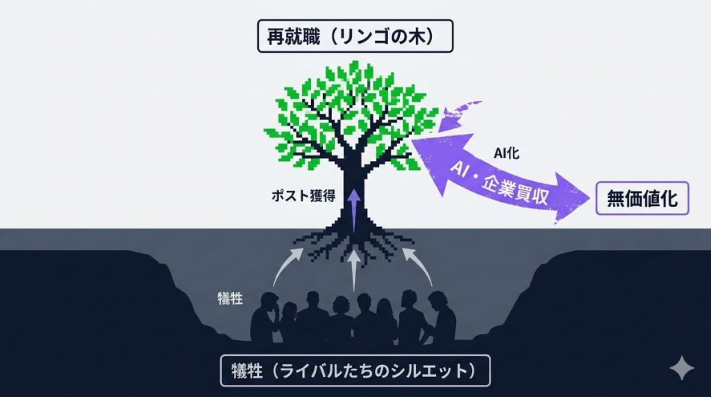 リンゴの木の下に埋まるライバルたちという犠牲とラストシーンが示すAI・資本主義による無価値化の構造を解説した因果関係図解