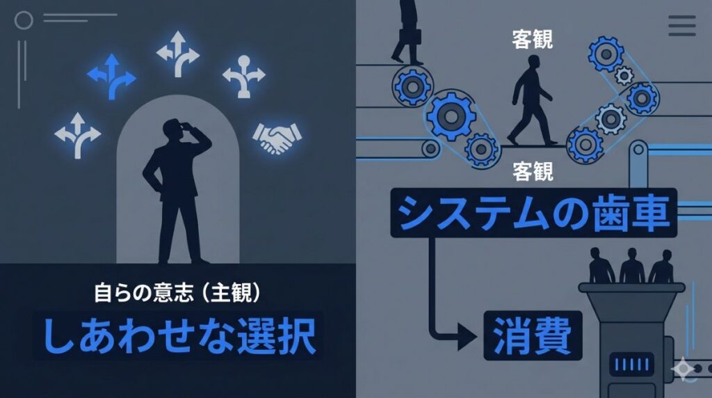 主人公の選択が実は社会システムによる消費に過ぎなかったという映画の裏テーマと現代社会への皮肉を対比した図解