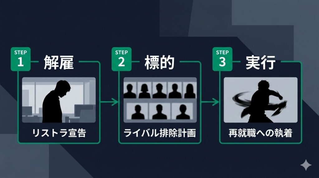 映画『しあわせな選択』の主人公マンスがリストラから狂気の殺人計画を経て再就職を目指すまでの時系列と凶行の全貌をまとめたフロー図解