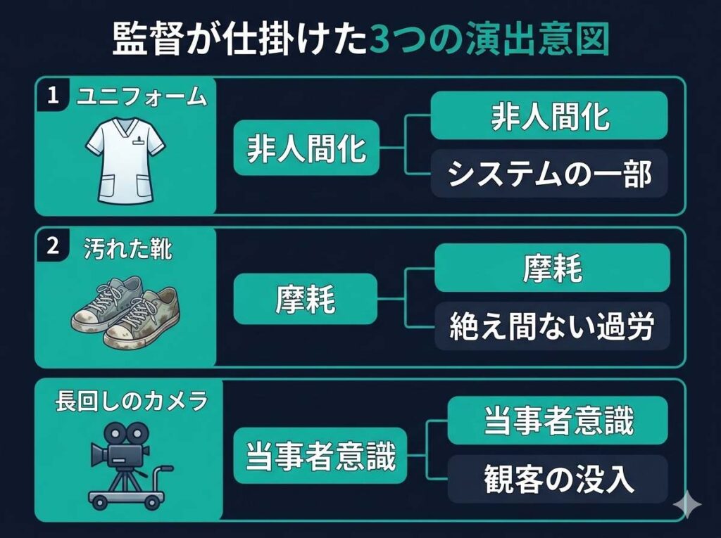 映画ナースコールに込められた3つの演出意図の整理図。無機質なユニフォーム、汚れたスニーカー、長回しのカメラワークが象徴する「非人間化」と「当事者性」の意味を簡潔にまとめています。