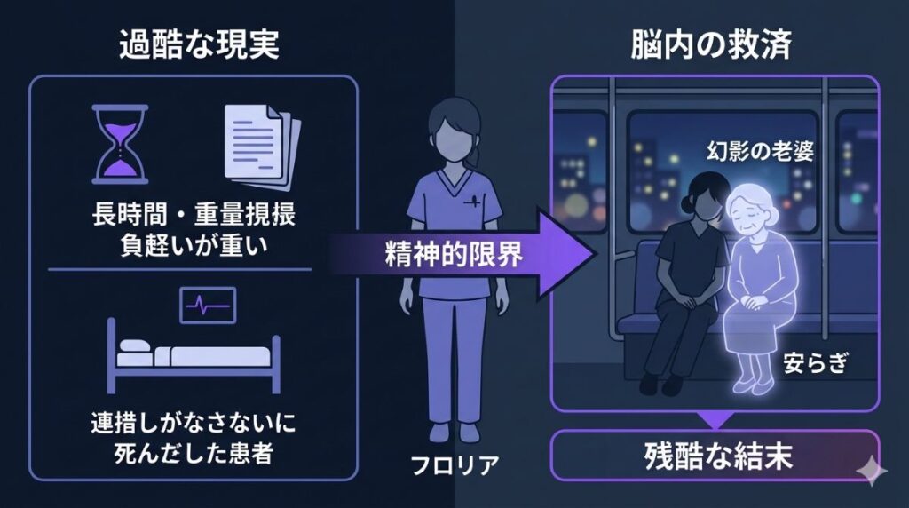 映画ナースコールのラストシーンにおける現実と幻影の因果図。過酷な労働環境による精神的限界が、看取れなかった患者の幻影（老婆）を生み出した救済と絶望の構造を整理しています。