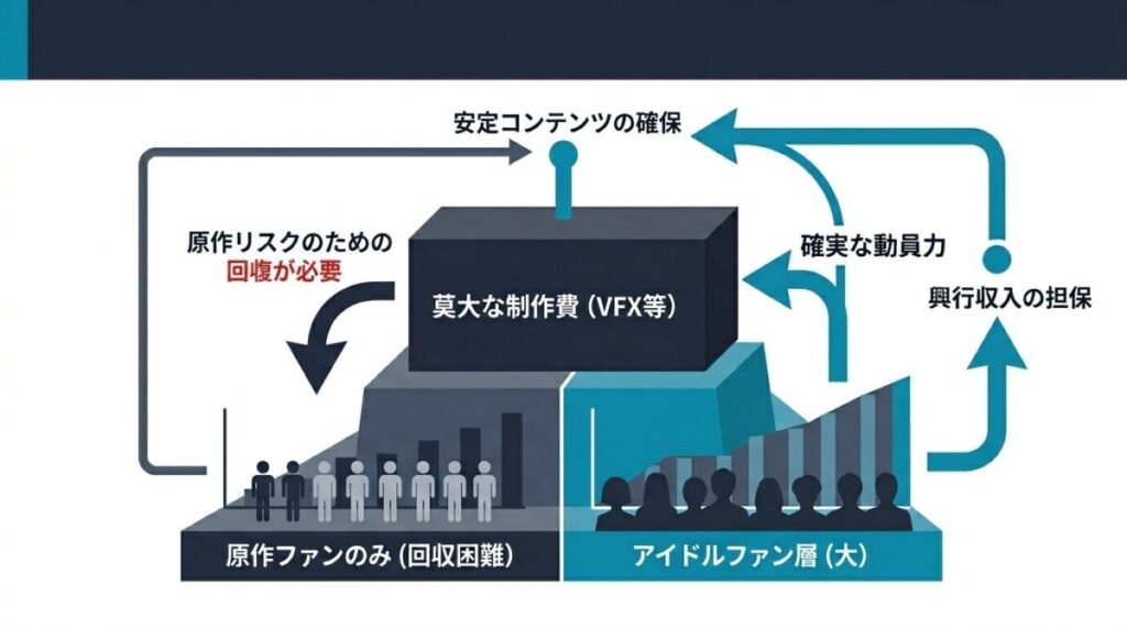 莫大な制作費を回収するために、原作ファンだけでなく確実な動員力を持つアイドルファン層の獲得が不可欠である映画ビジネスの構造図解