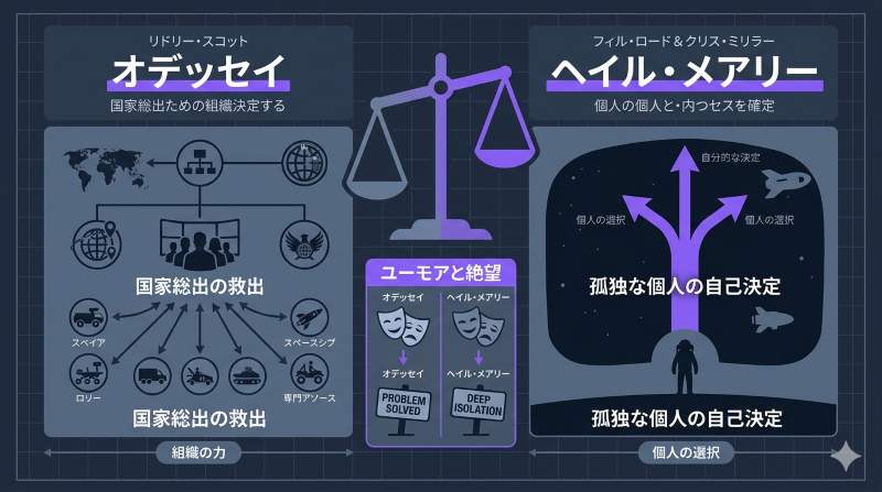 オデッセイの国家総出の救出劇と本作の孤立した個人の決断という対比構造や監督のユーモア演出を分析した考察図解イメージ