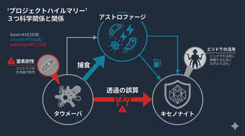 アストロファージ、タウメーバ、キセノナイトという3つの科学的ギミックの相互関係と弱点を整理した相関図解イメージ