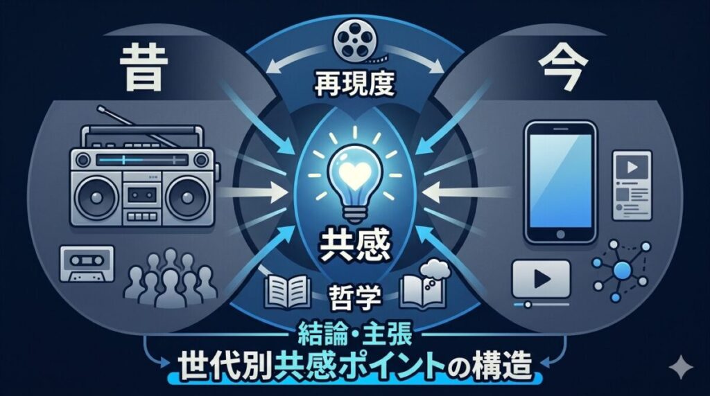 当時の熱狂を知る古参ファンと情報過多な現代の若者が映画のメッセージに共感する異なる視点をまとめた図解

