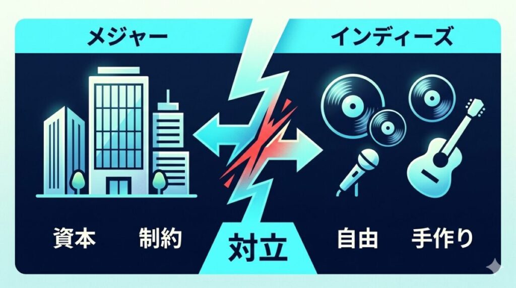 巨大な資本主義であるメジャーレーベルと自由を求めるインディーズのDIY精神の対立構造を整理した相関図