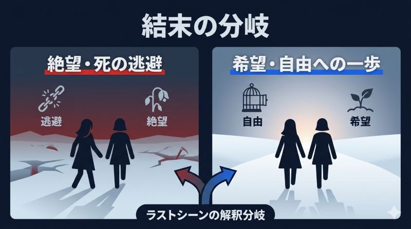 映画『東京逃避行』の結末における「死の逃避行」と「新たな希望」という2つの解釈を対比させた図解