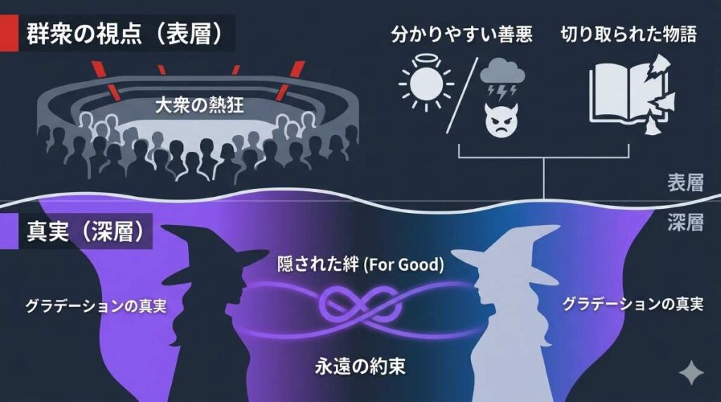 群集心理が求める分かりやすい悪と希望の象徴に対しグラデーションの中で生きる二人の魔女の真実と永遠の約束を表現した考察図解