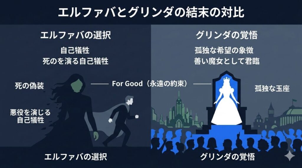 映画ウィキッドの結末におけるエルファバの自己犠牲による死の偽装とグリンダがオズに残る決断の対比を示す図解