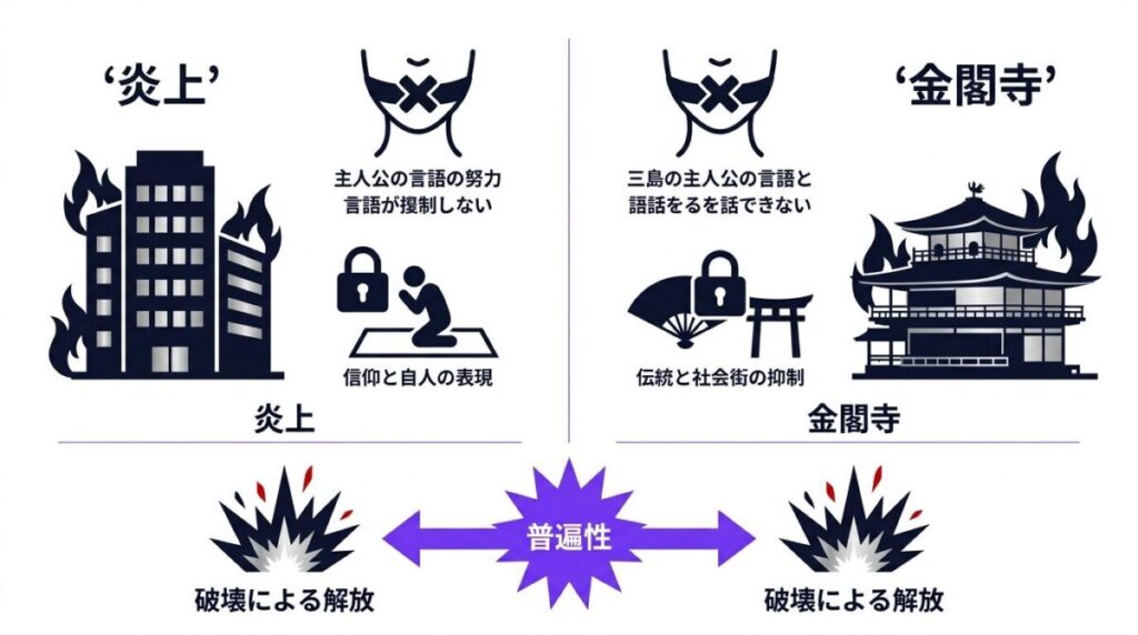 映画『炎上』と三島由紀夫『金閣寺』に共通する主人公の吃音や信仰の抑圧、美の破壊による解放を整理した比較図解