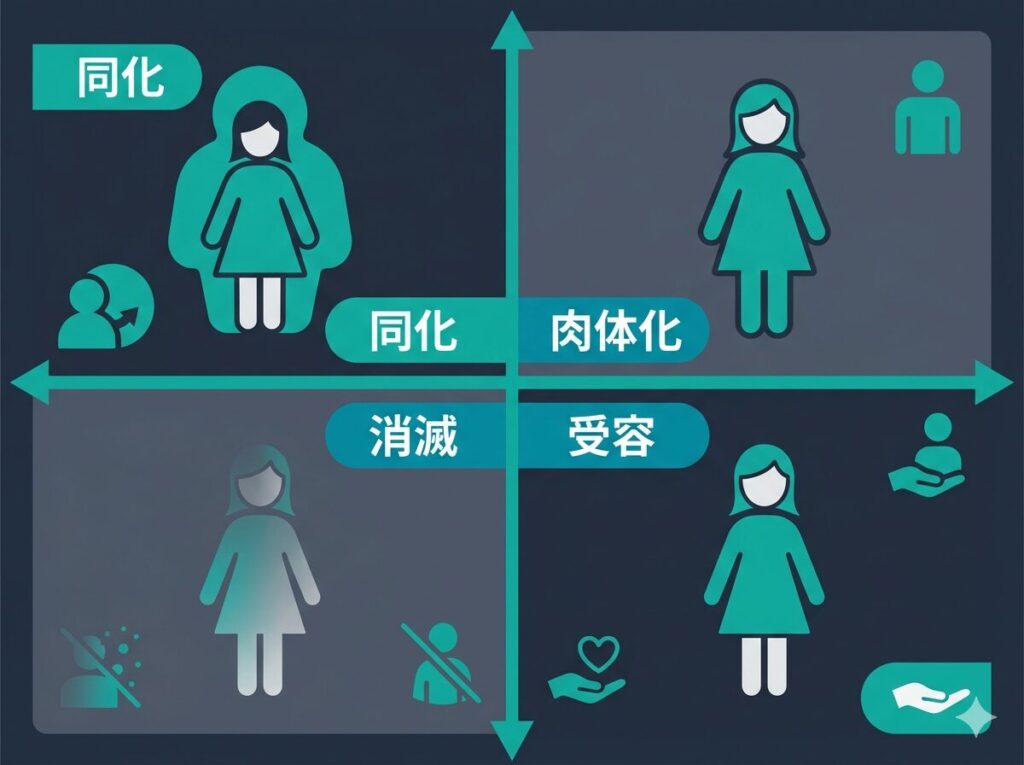 アルマの同化、エリカの肉体化、アンゲリカの消滅、レンカの引き受けという4人の少女が選んだ結末と生存戦略を分類したマトリクス図解