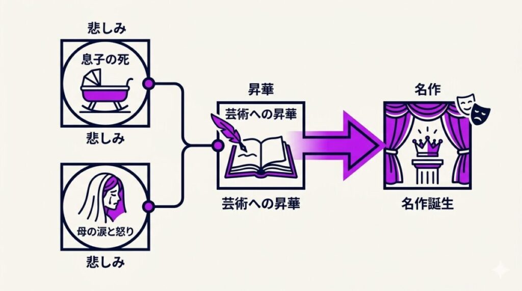 天才劇作家の閃きではなく、一人の母の深い喪失感が名作『ハムレット』の誕生に繋がったという、本作の裏テーマを解剖する因果図イメージ