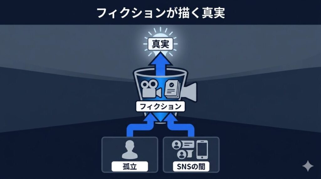 映画「炎上」が若者の孤立やSNSの闇をフィクションを通して普遍的な真実として描く構造の図