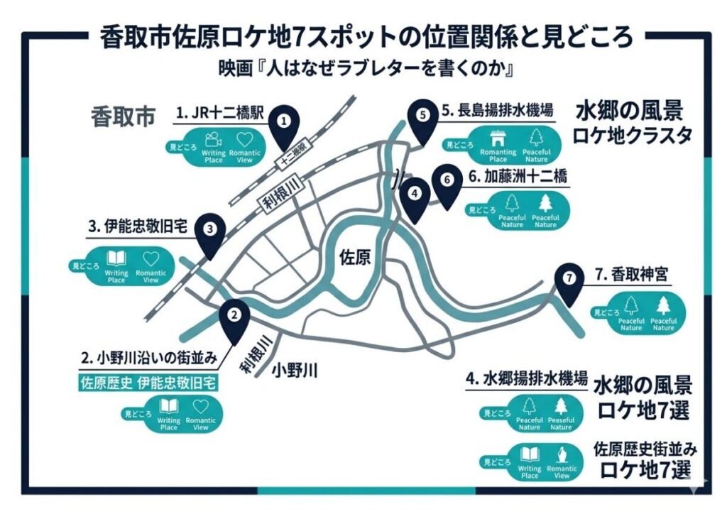 映画『人はなぜラブレターを書くのか』のメインロケ地である千葉県香取市佐原地区の7スポット(長島揚排水機場、JR十二橋駅など)の位置関係と見どころを整理したマップ図解