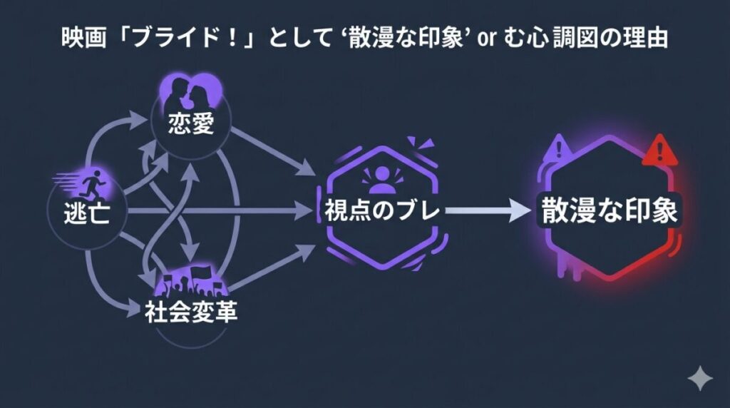 『ザ・ブライド！』が散漫と批判される理由として、恋愛、逃亡、社会変革という複数の要素と視点のブレが混在している構造を示した因果関係図。