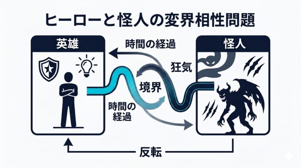 ヒーローと怪人の揺らぐ境界線とテーマ性を整理した構造図
