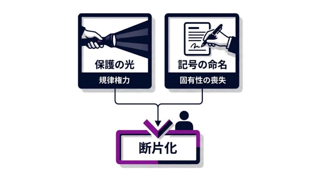 照夫巡査による保護のライトと山田太郎という命名がもたらした影響を示す図解。善意による可視化が規律権力となり、書類見本の記号の名前が固有性を剥奪して自己を断片化させた構造が分かります。